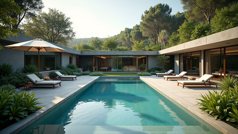 High angle view of a luxury villa with private pool and garden