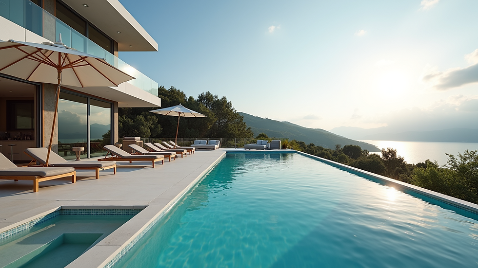 Wide angle view of a luxury villa with a private pool in Bodrum