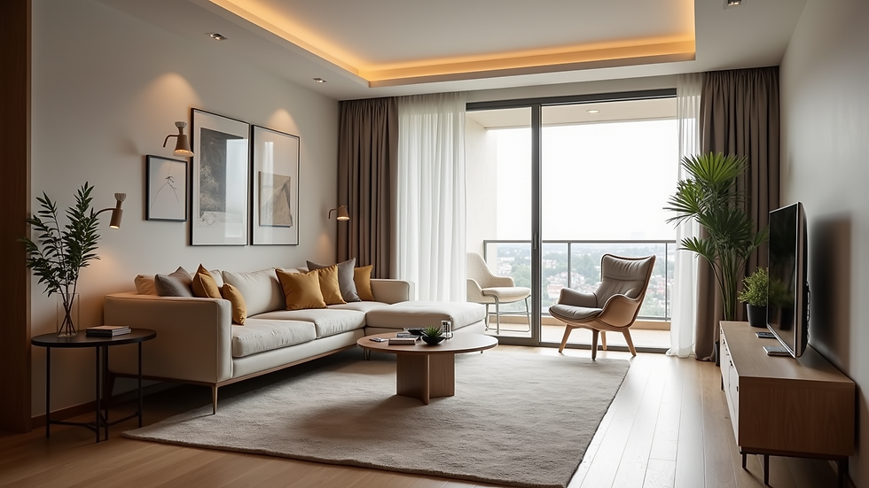 High angle view of a luxury apartment interior with modern furniture
