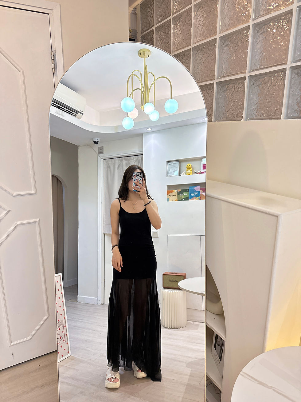 縮圖：D3802 【2色】彈性棉質吊帶拼長紗裙 