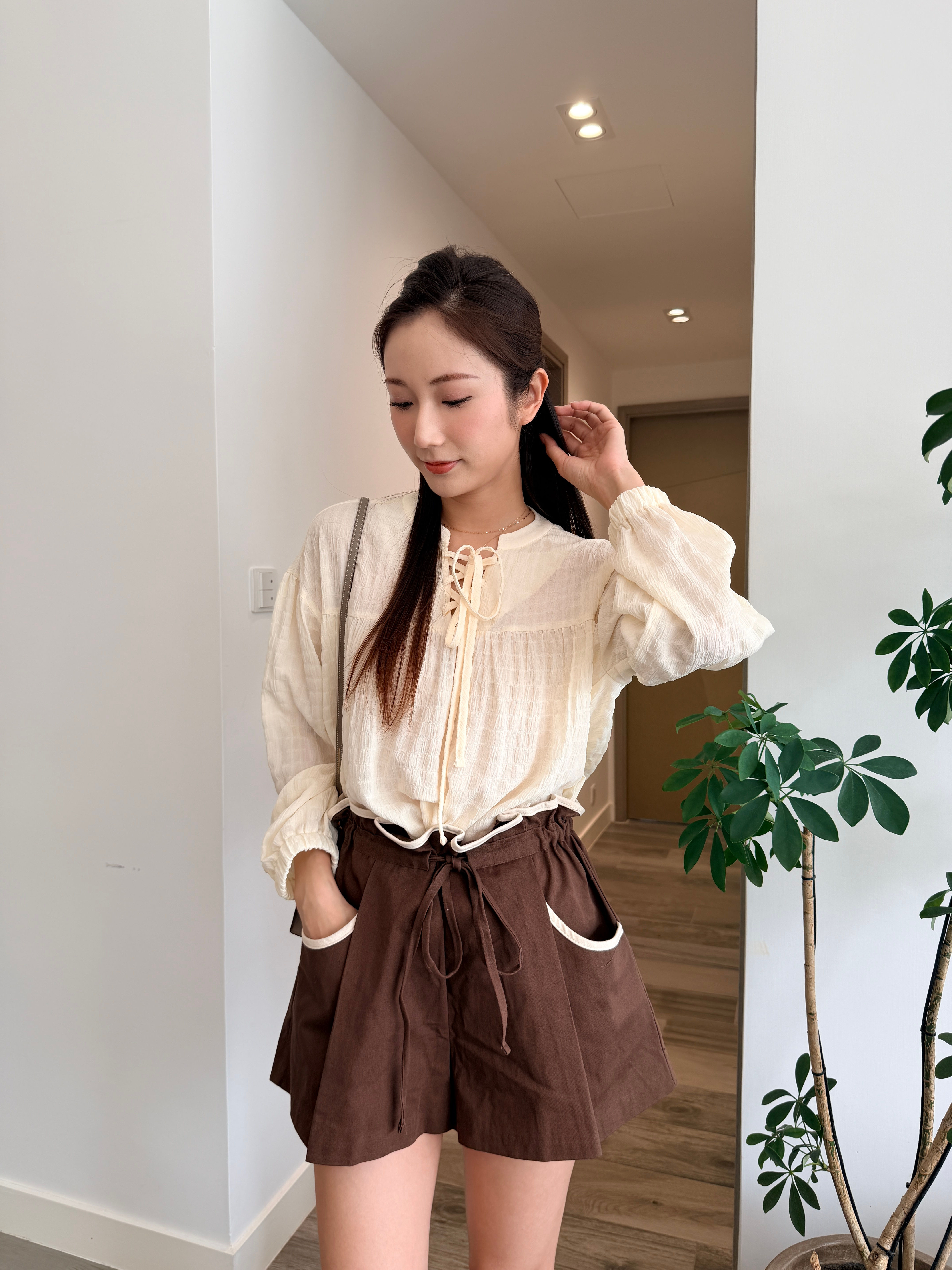 P3813 [2色] 拼色邊束腰棉麻短褲