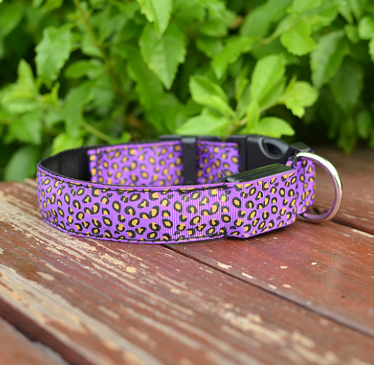 サムネイル： LED Dog Collar Safety Adjustable Nylon Leopard Pet Collar