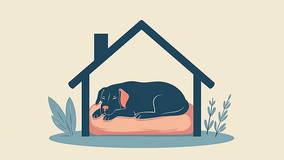 Close-up view of a cozy dog bed with a sleeping Labrador in a home-style boarding room