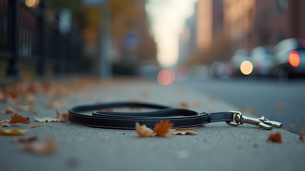 Close-up view of a dog leash and collar on a sidewalk in Philadelphia