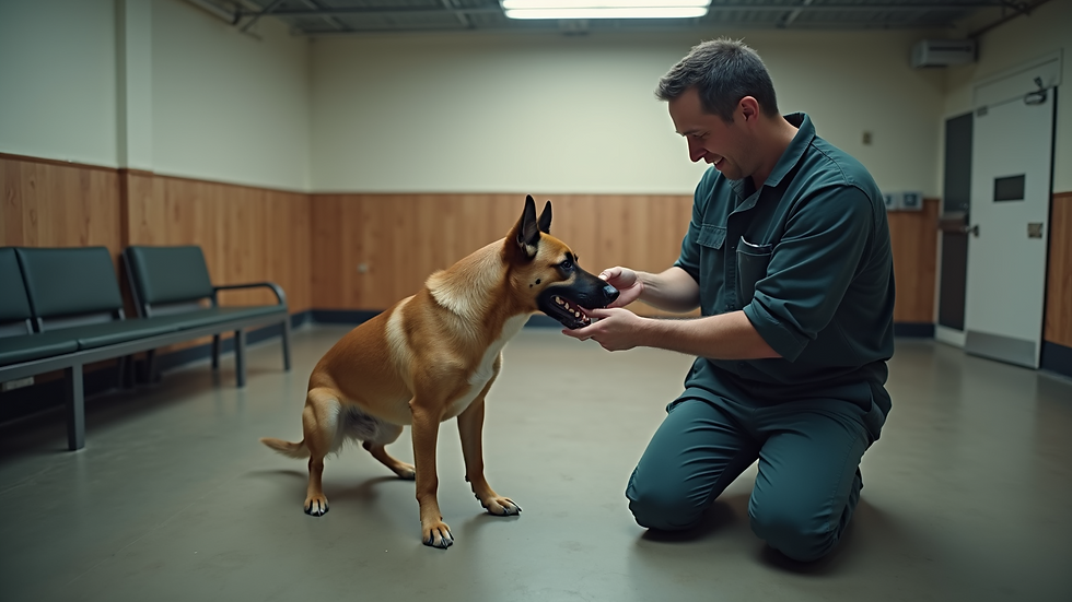 High angle view of a dog trainer working with a dog in a training room