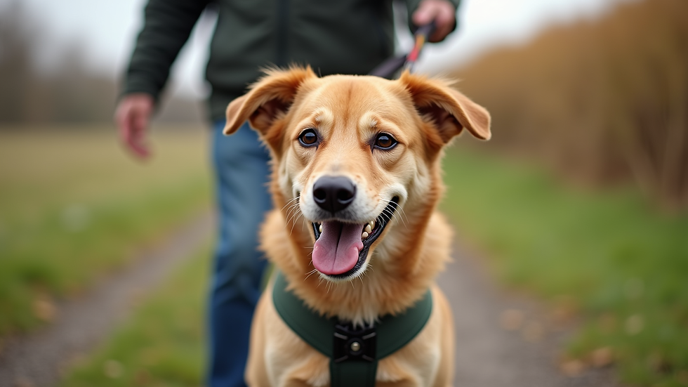 Close-up view of a dog wearing a no-pull harness during a walk