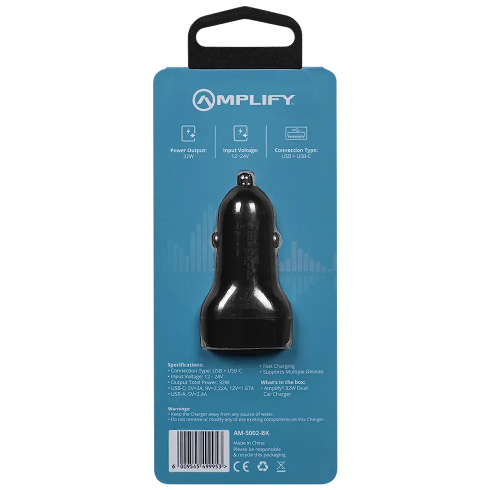 Thumbnail: Amplify Volto Series Dual Car Charger 32W (Type-C + USB) - Black
