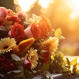 Casket with flowers on top with a rising sun beaming on them.