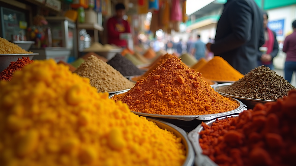 Eye-level view of a bustling local market filled with colorful spices