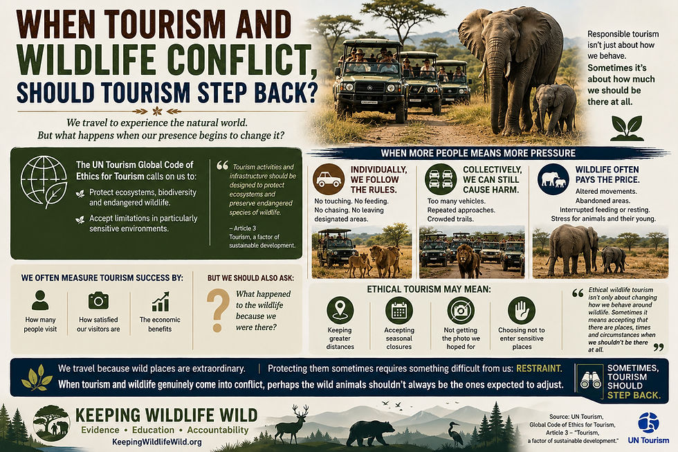 Infographic encouraging ethical wildlife tourism by keeping a respectful distance from wild animals, avoiding direct contact and choosing experiences that protect animal welfare and natural behavior.