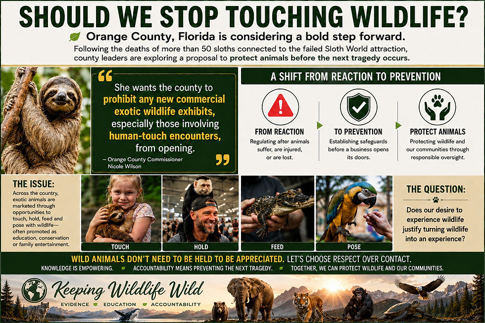 Infographic examining whether people should avoid direct contact with wild animals, highlighting animal welfare, natural behavior, public safety and the consequences of normalizing hands-on wildlife encounters.
