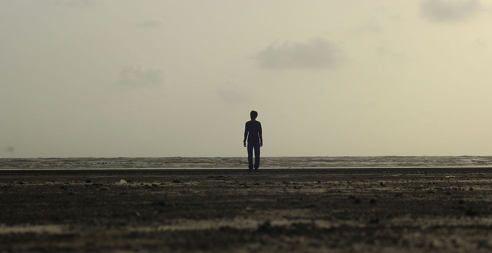 A silhouette standing on the beach facing the ocean.