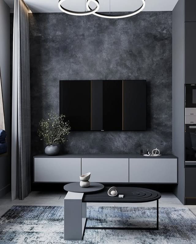 Modern living room with TV, grey furniture and decor, Teknos Teknoloji Yorumları, contemporary design.