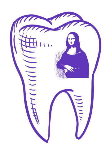 Diş şekli mor, siyah arka plan üzerinde. Diş sağlığı ve bakımı.