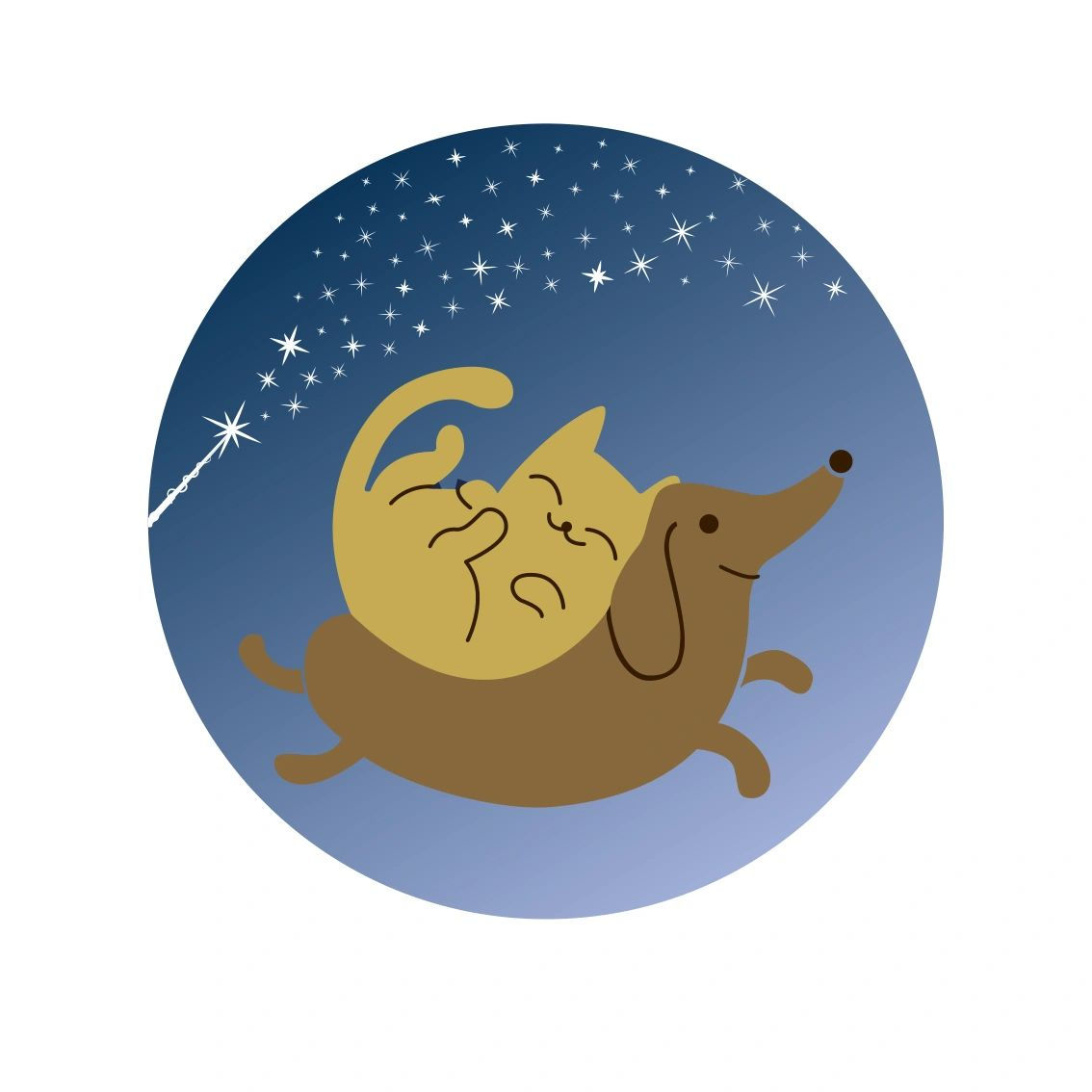 Koşan köpek ve sevgiyle sarılan kedi, yıldızlı bir gökyüzünde mutlu anlar.