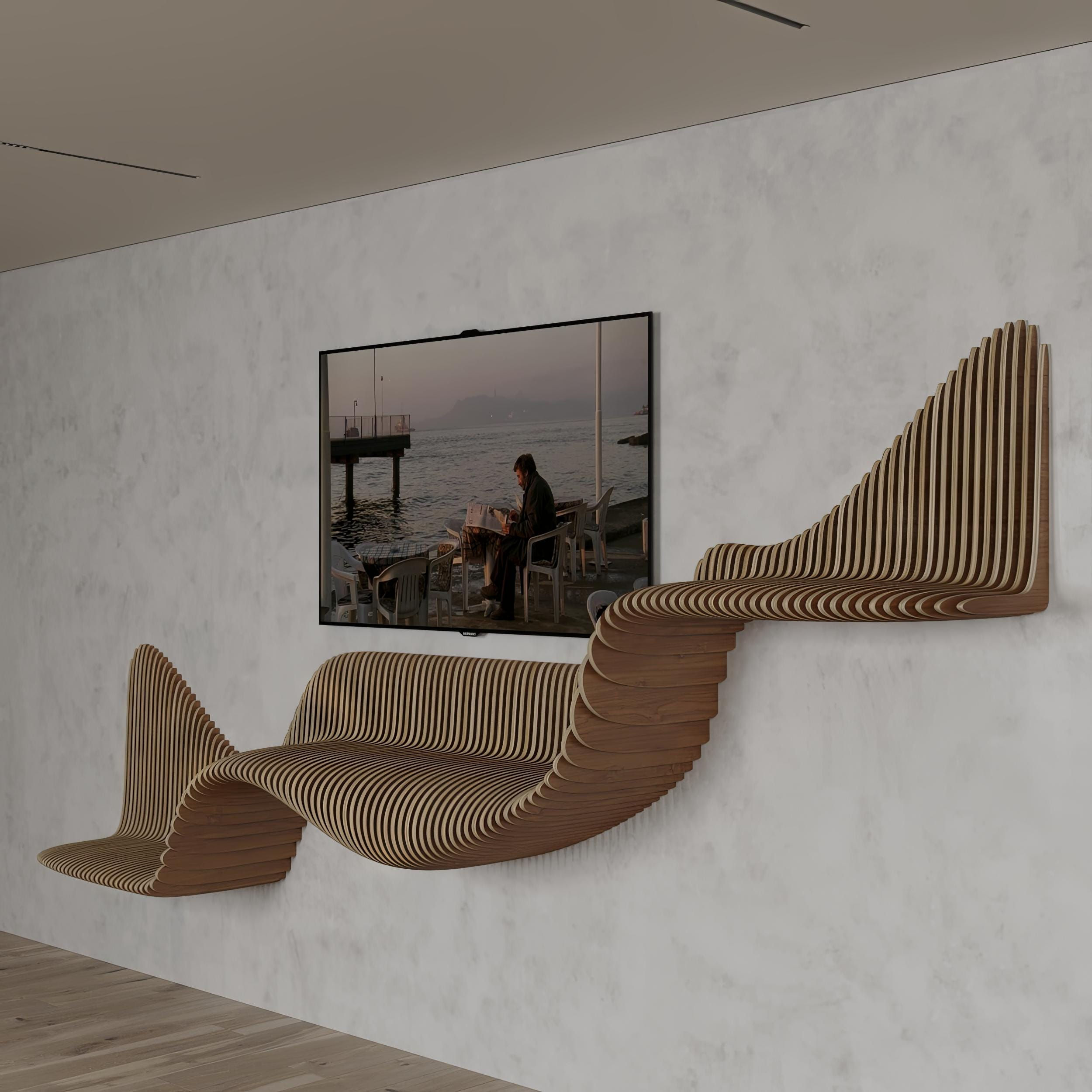 TAVSİYE GRUP Modern Geometrik Ahşap Duvar Rafı ve TV Ünitesi
