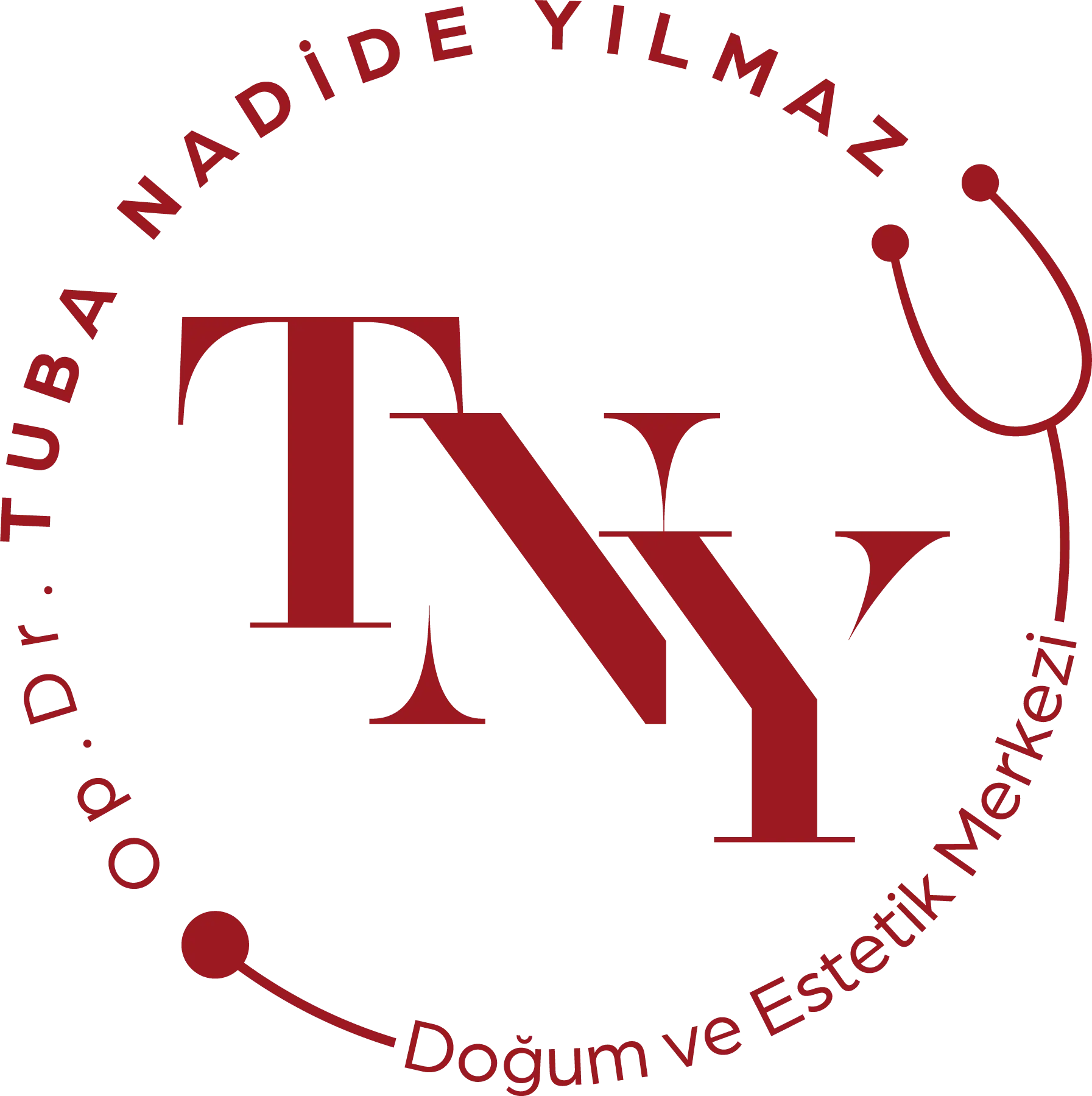 Kırmızı renkli logo, NY harfleri görünür, daire içinde, siyah arka plan. Tavsiye Benden.