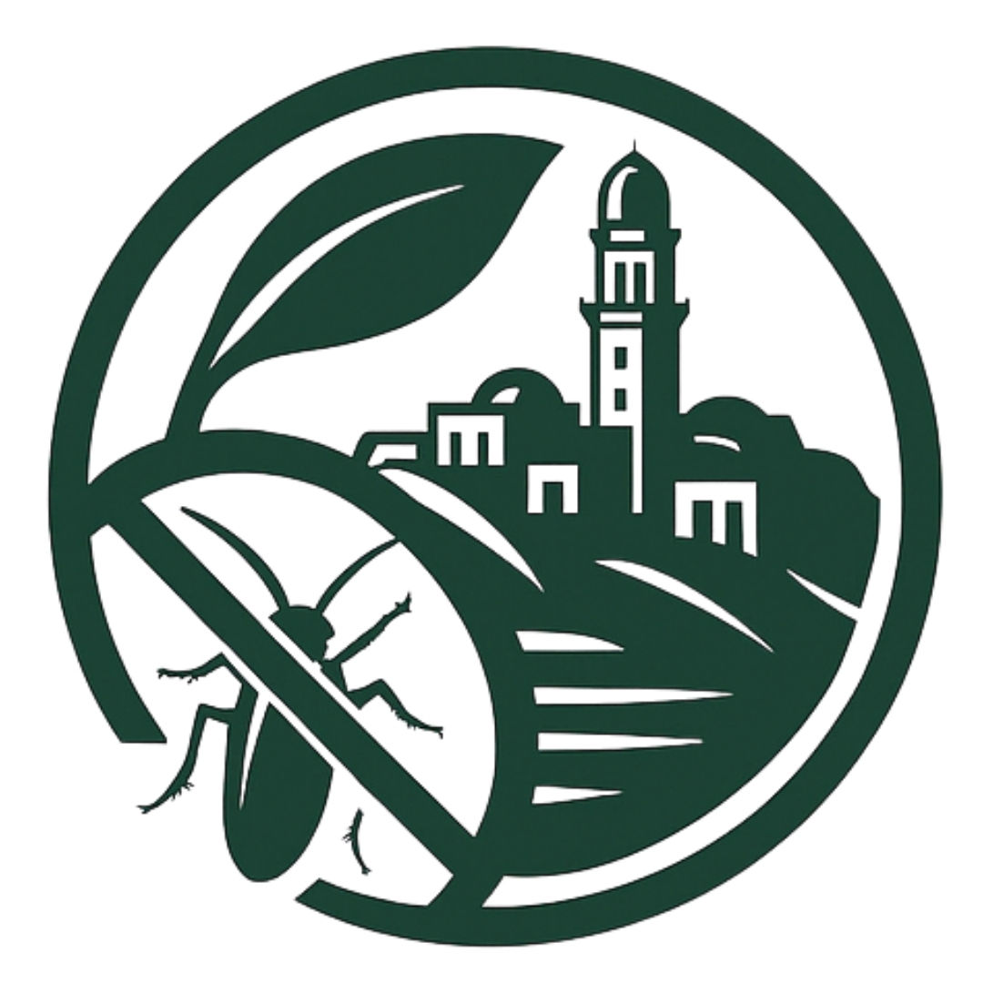 Yeşil logo, böcek silüeti ve şehir manzarası içeren, haşere kontrolü sembolü. Tavsiye Benden