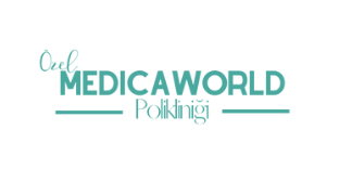 Özel Medica World Polikliniği logo, turkuaz metin ve çizgi tasarımı, beyaz zemin.