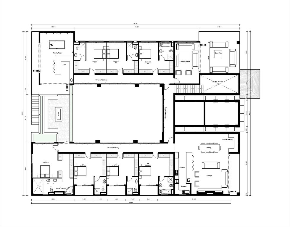 Luxury 11-bedroom double-story house with pitched roofs, balconies, courtyard, long pool, stone entrance, large windows, and