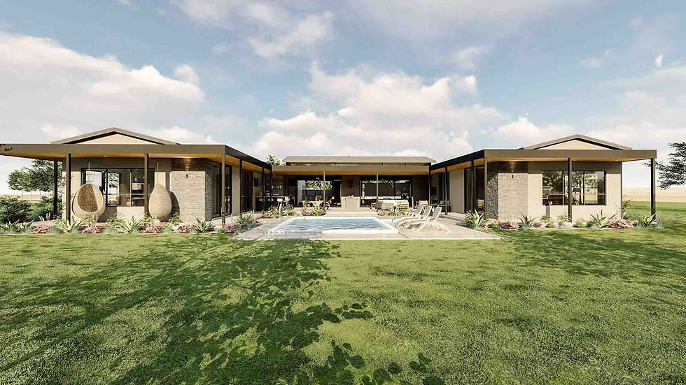 modern single-story U-shaped house with central swimming pool and jacuzzi, large