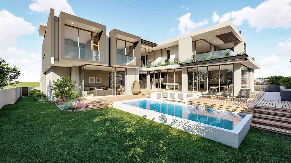 Modern 5-bedroom double-story home with large windows, ground floor pool, sun deck, rooftop garden, and sunken boma lounge.