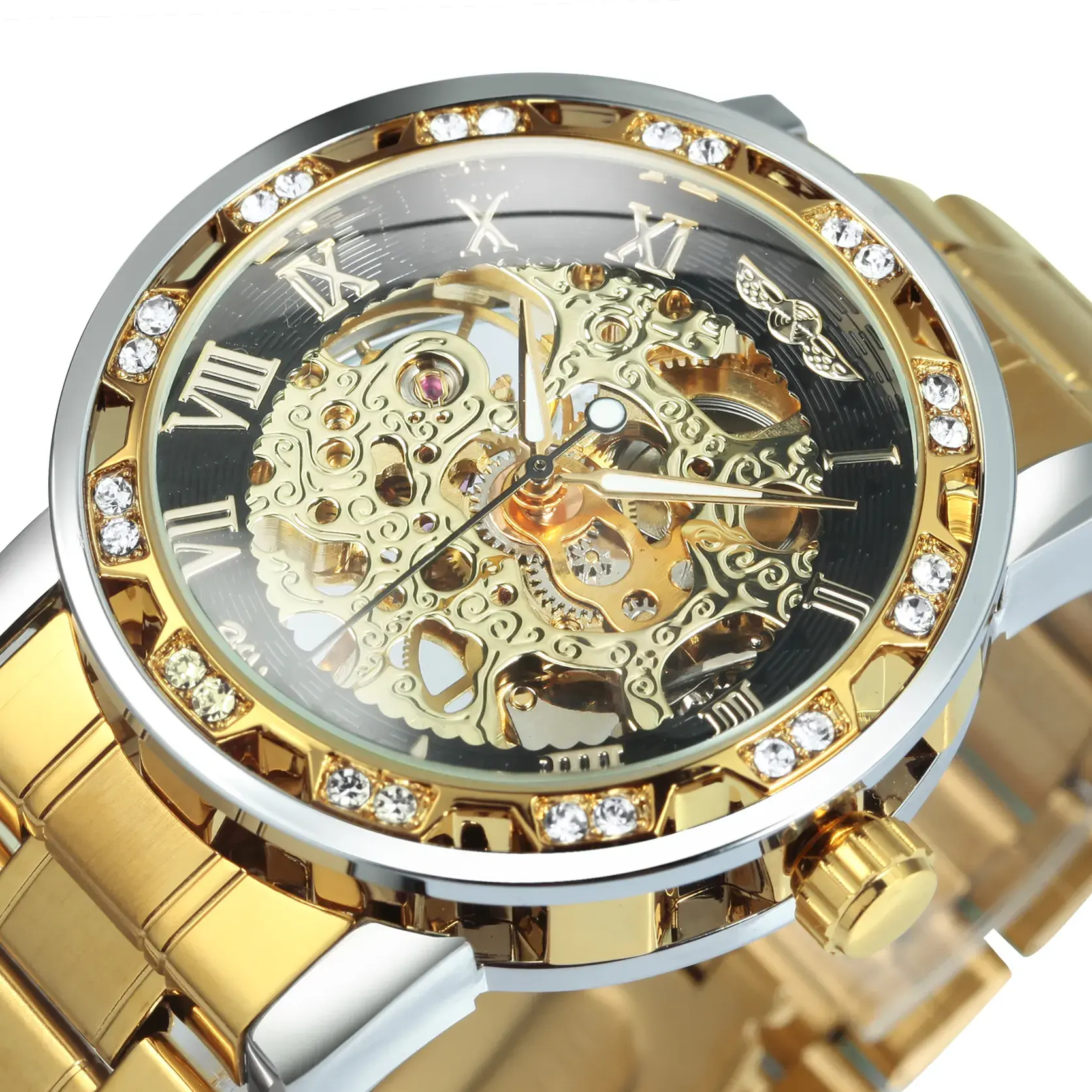WINNER Transparent Skeleton Mechanical Watch for Men Fashion Diamond Luminous