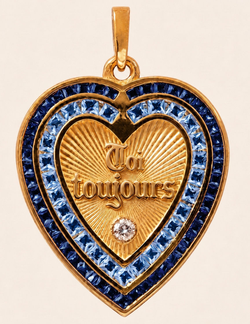 18k gold Diamond heart pendant with sapphires & spinels inspired by French love Medallions handcrafted in France by Evermine