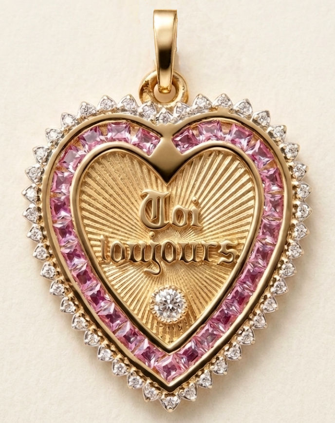 18k gold Diamond heart pendant with pink sapphires inspired by French love Medallions handcrafted in France by Evermine.