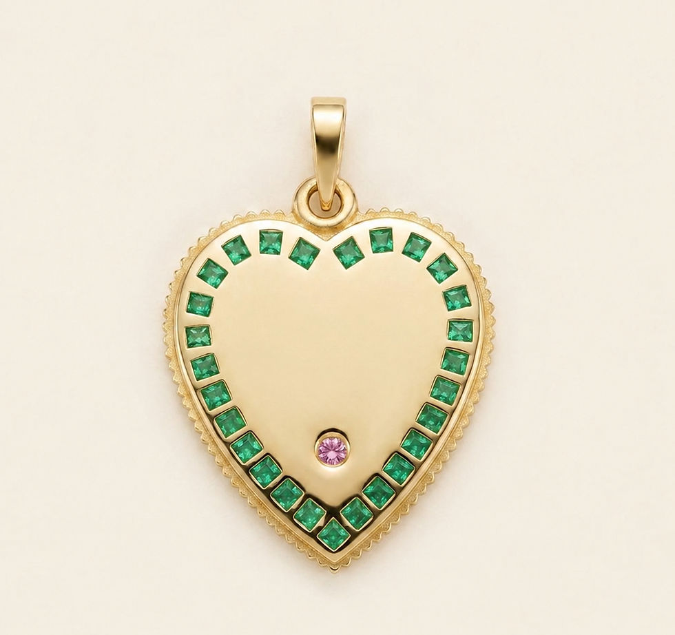 Back of an 18K gold emerald heart pendant inspired by french love medallion handcrafted in France by Evermine.