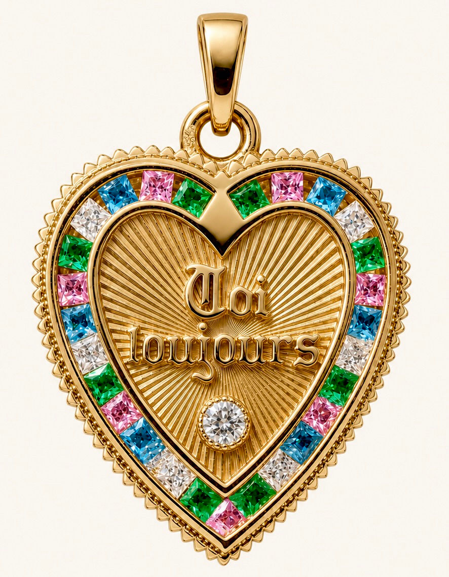 18k gold heart pendant with modern diamonds inspired by french love medallions, handcraftes in France by Evermine