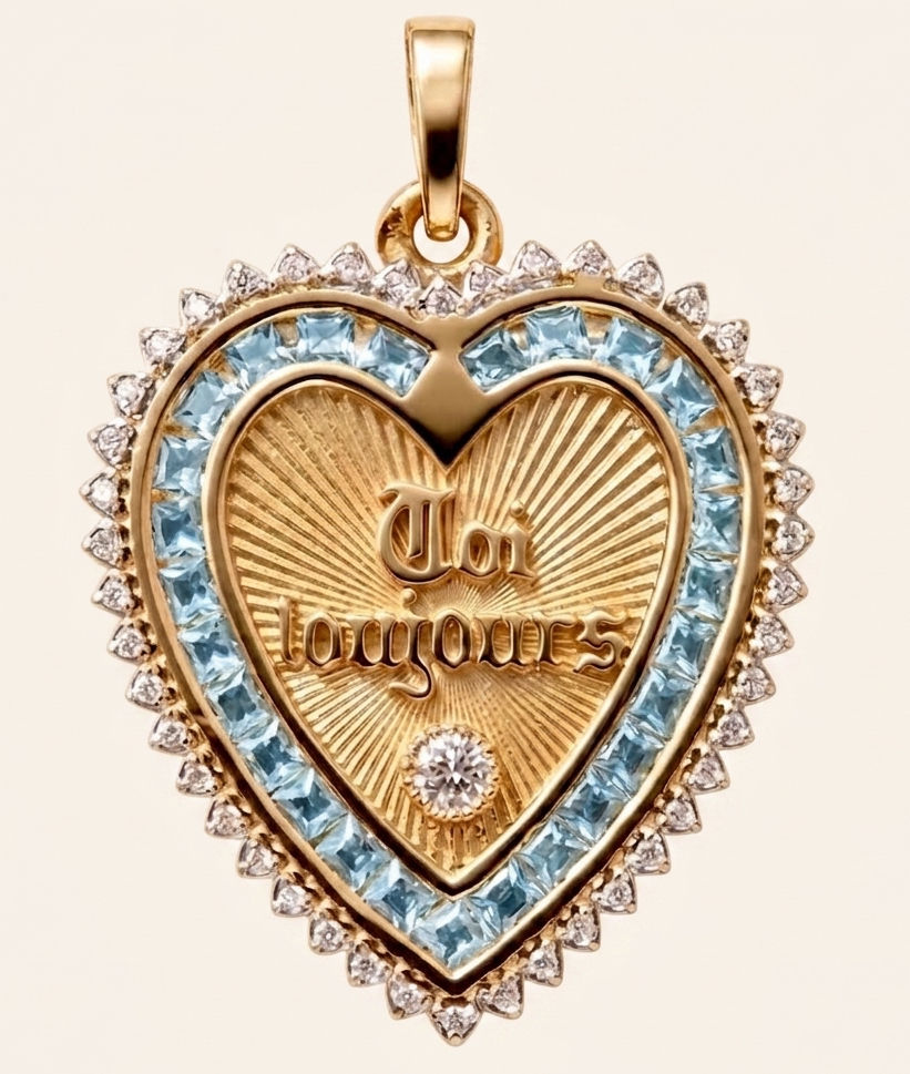 18k gold Diamond heart pendant with blue spinels inspired by French love Medallions handcrafted in France by Evermine.