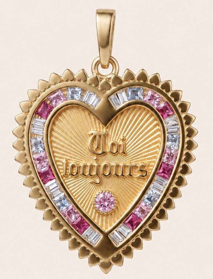 18k gold heart pendant with pink sapphire inspired by french love medallions, handcraftes in France by Evermine