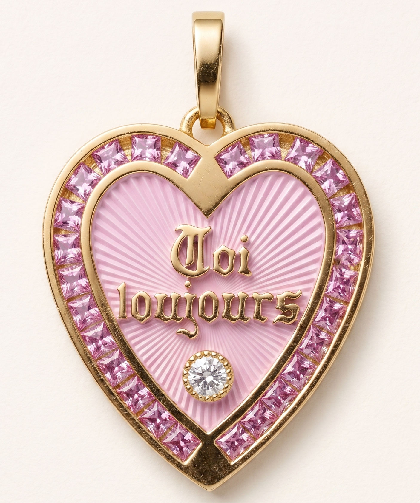 18k gold French love medallion with pink sapphires handcrafted in France by Evermine.