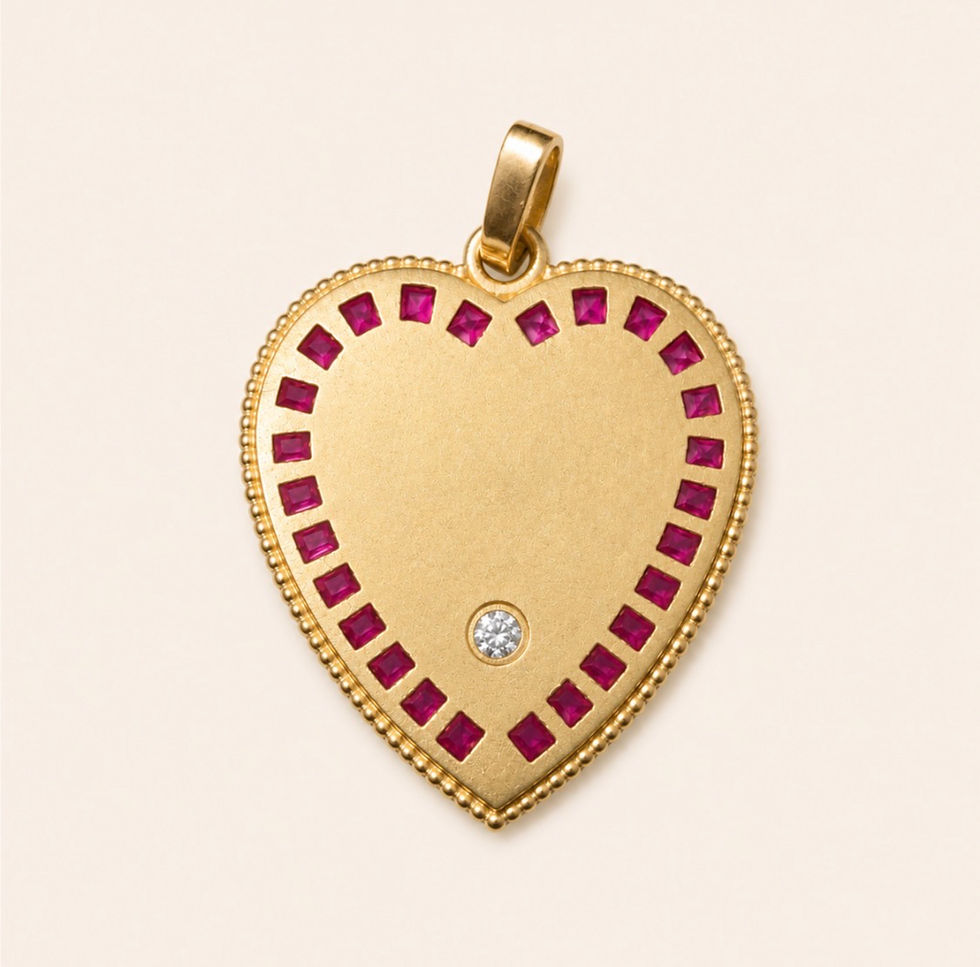 Back of an 18k gold french Love Medallion ruby heart pendant by Evermine.