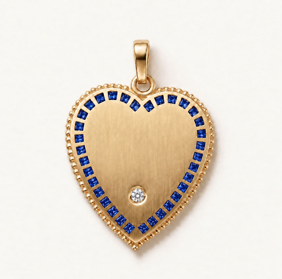 Back of an 18k gold Blue sapphire heart pendant inspired by french love medallion handcrafted in France by Evermine.