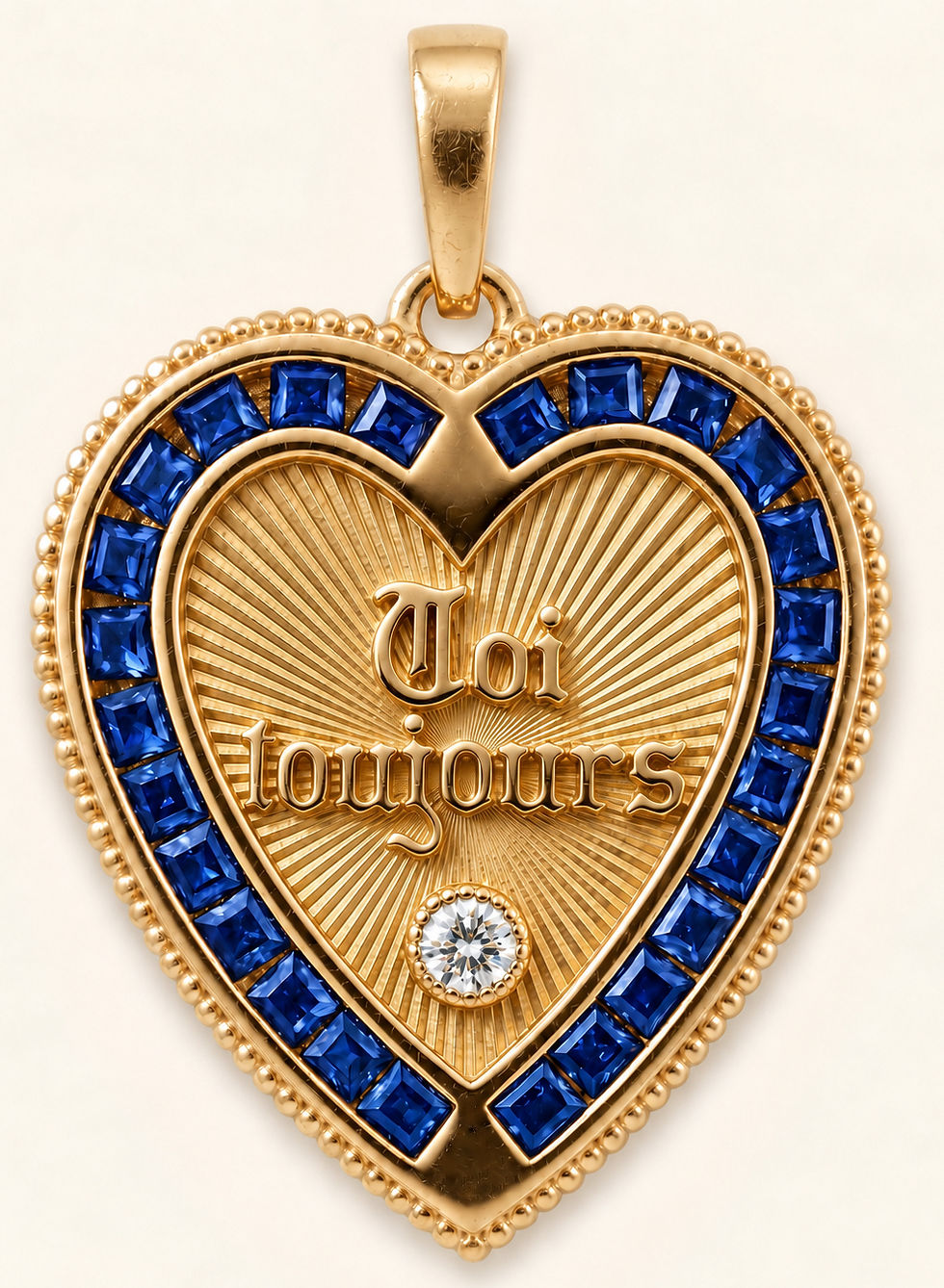 18k gold blue sapphire heart pendant inspired by french love medallion handcrafted in France by Evermine.