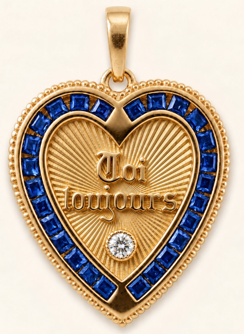 18k gold blue sapphire heart pendant inspired by french love medallion handcrafted in France by Evermine.