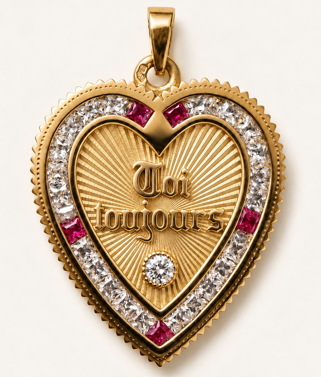18k gold emerald heart pendant inspired by french love medallion handcrafted in France by Evermine.