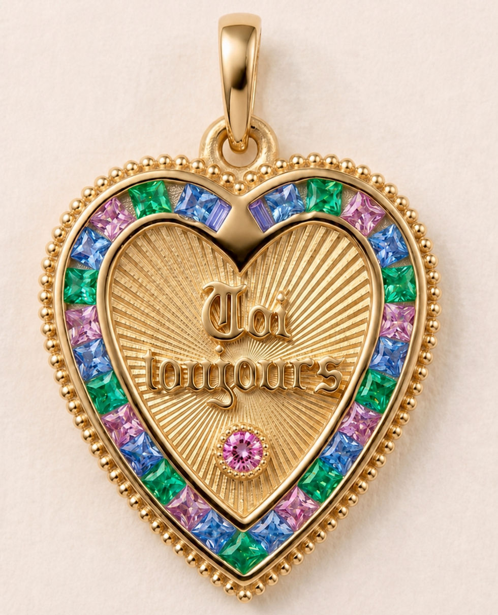 18k gold emerald heart pendant inspired by french love medallion handcrafted in France by Evermine.