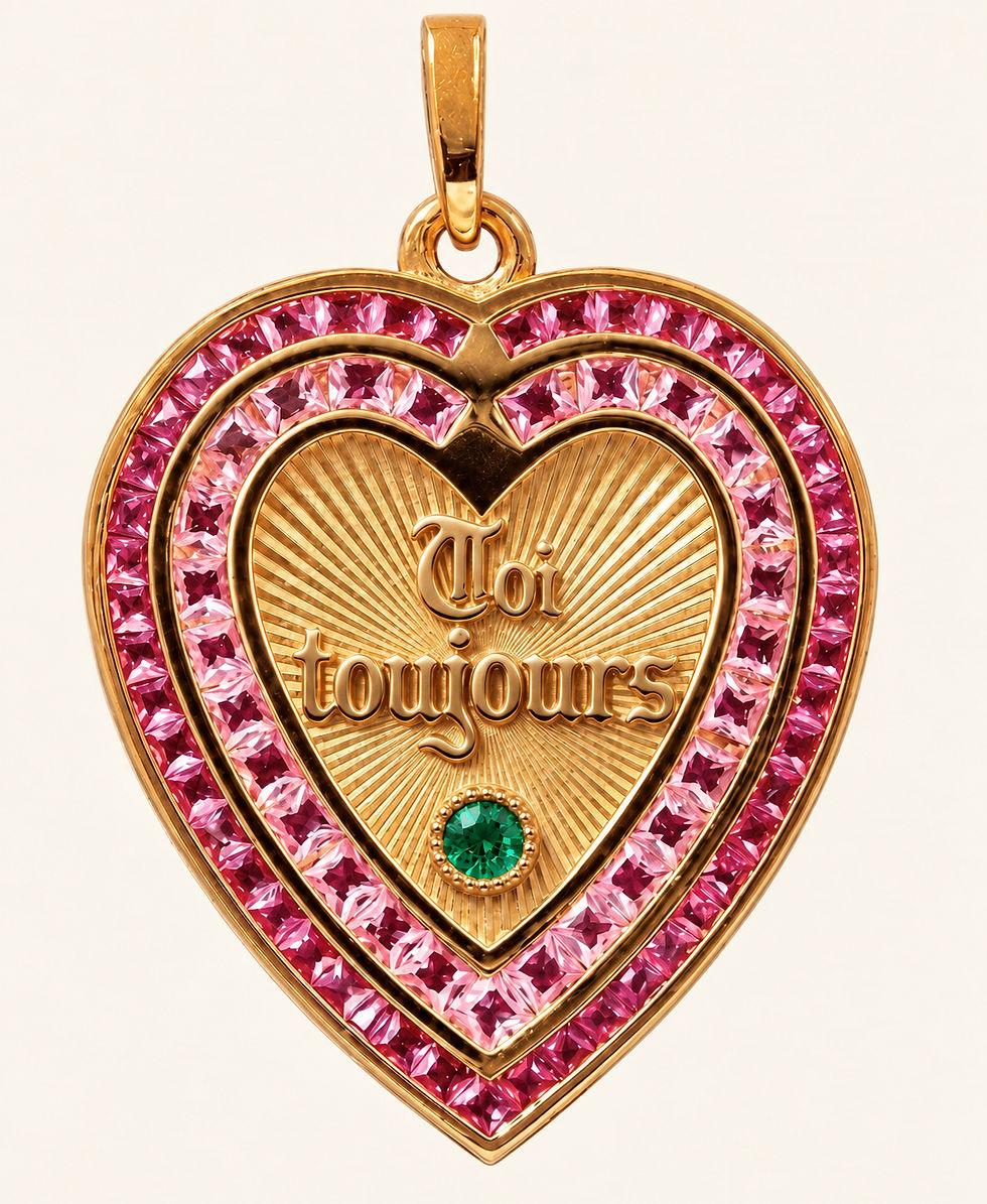 18k gold heart pink sapphires and emerald pendant inspired by French Love Medallions by Evermine.