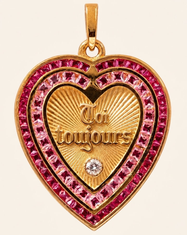 18k gold Diamond heart pendant with pink sapphires inspired by French love Medallions handcrafted in France by Evermine.