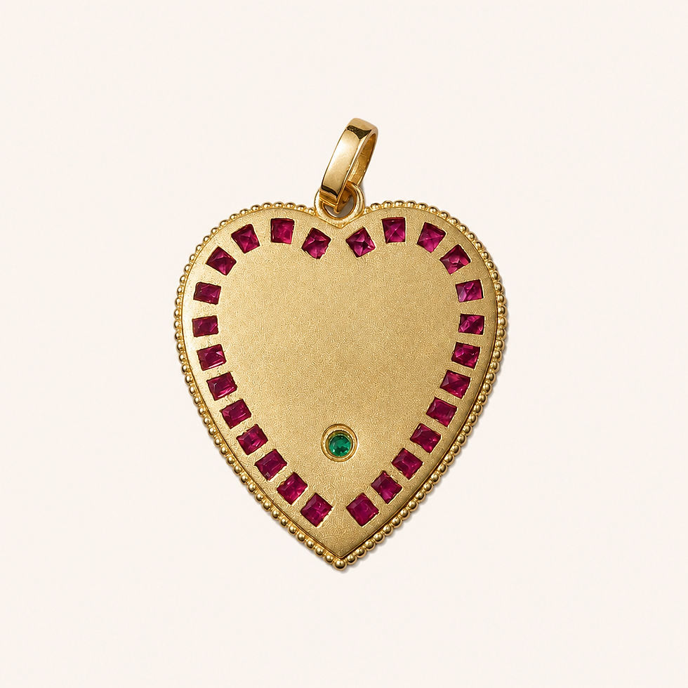 Back of an 18k gold french Love Medallion ruby heart pendant by Evermine.