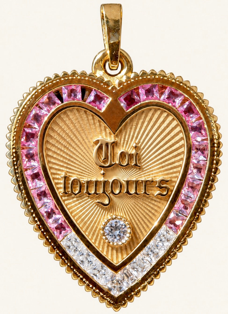 18k gold pink & white sapphire heart pendant inspired by french love medallion handcrafted in France by Evermine.