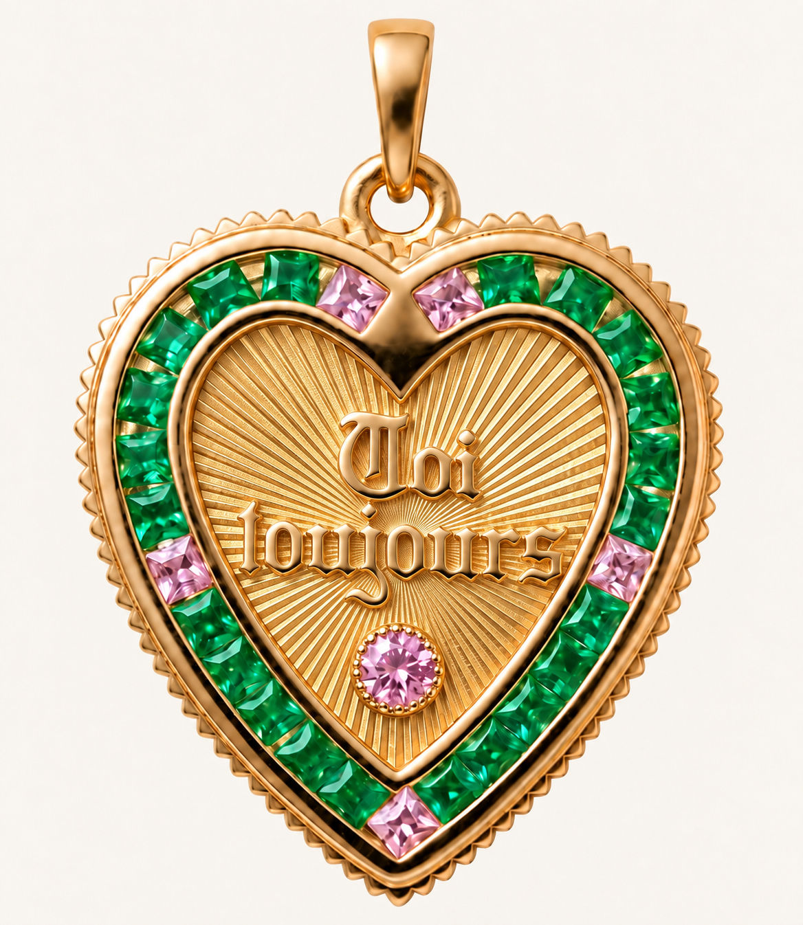 18k gold emerald heart pendant inspired by french love medallion handcrafted in France by Evermine.