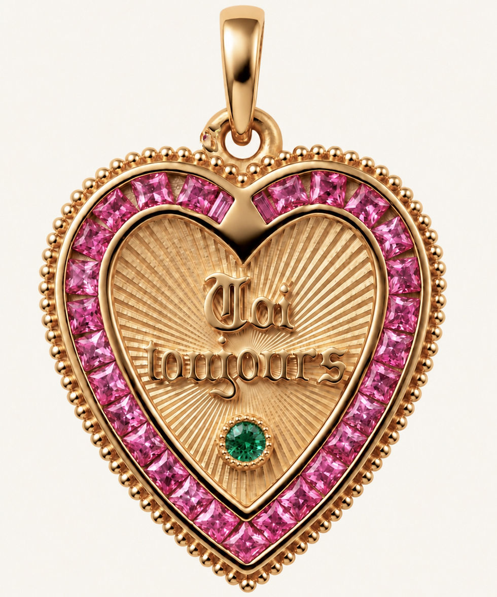 18k gold pink sapphire heart pendant inspired by french love medallion handcrafted in France by Evermine.