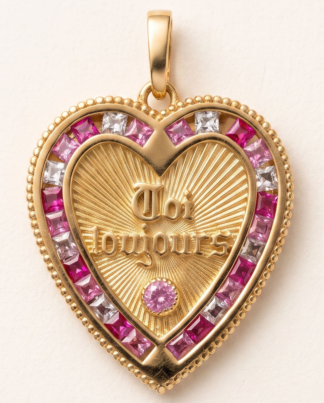 18k gold heart pendant with pink sapphires inspired by french love medallions, handcraftes in France by Evermine