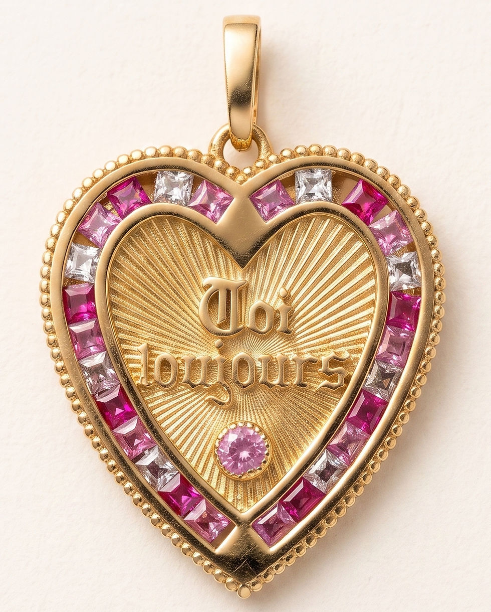 18k gold heart pendant with pink sapphires inspired by french love medallions, handcraftes in France by Evermine
