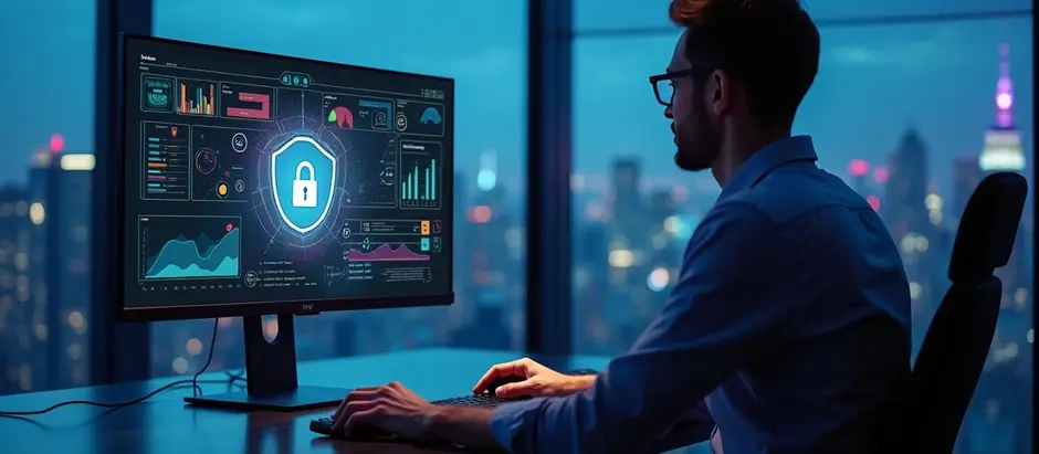 Profissional analisando painel de BI com ícones de LGPD e cadeado digital 