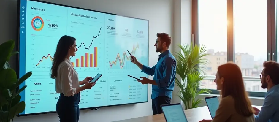 Time de marketing analisa dashboard interativo em grande tela digital 